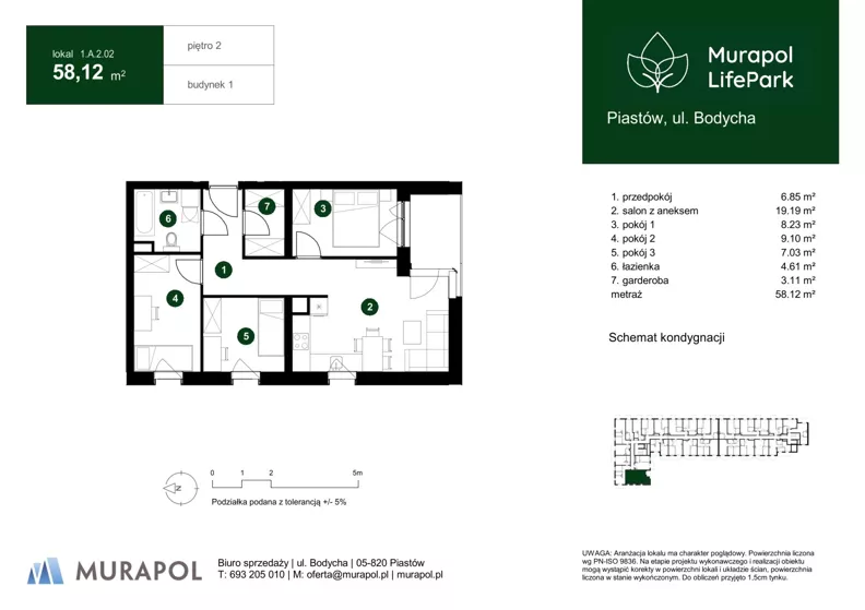 4 pokoje, mieszkanie 58,12 m², piętro 2, oferta nr 1.A.2.02, Murapol LifePark, Piastów, ul. Bodycha 