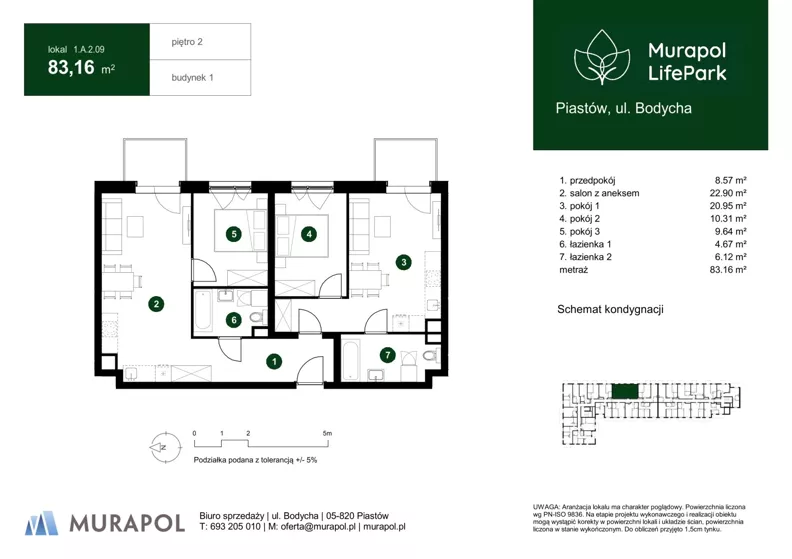 4 pokoje, mieszkanie 83,16 m², piętro 2, oferta nr 1.A.2.09, Murapol LifePark, Piastów, ul. Bodycha 