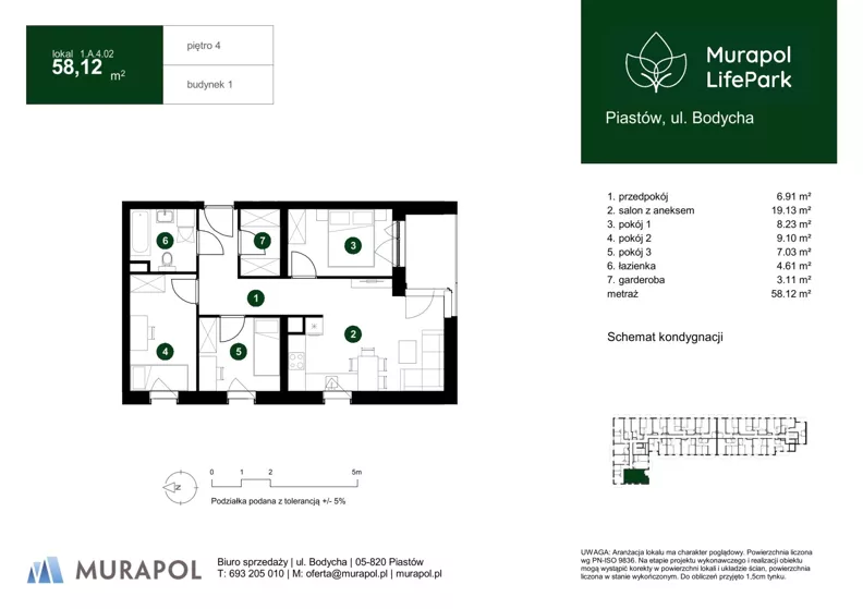 4 pokoje, mieszkanie 58,12 m², piętro 4, oferta nr 1.A.4.02, Murapol LifePark, Piastów, ul. Bodycha 