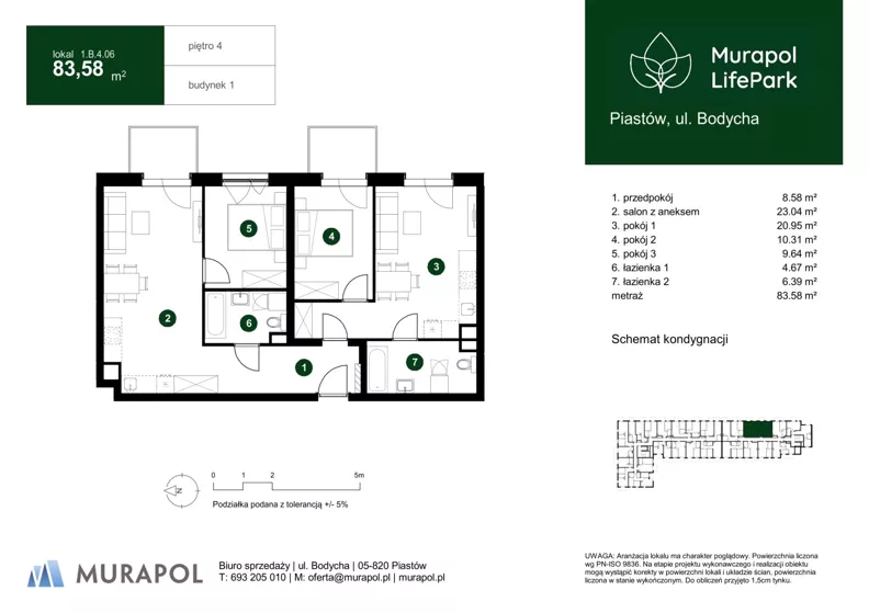 4 pokoje, mieszkanie 83,58 m², piętro 4, oferta nr 1.B.4.06, Murapol LifePark, Piastów, ul. Bodycha 