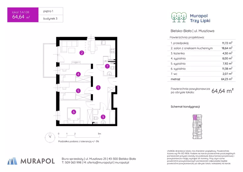 4 pokoje, mieszkanie 64,64 m², piętro 1, oferta nr 3.A.1.08, Murapol Trzy Lipki, Bielsko-Biała, Stare Bielsko, ul. Muszlowa