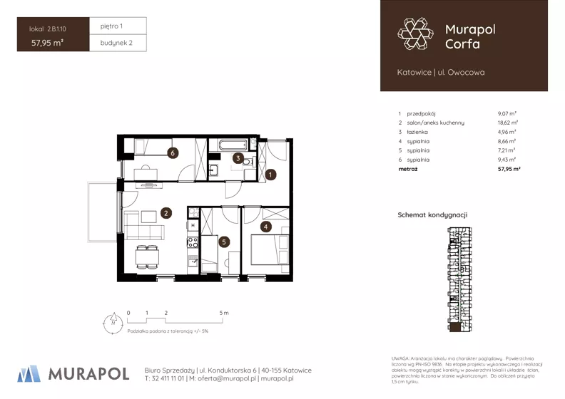 4 pokoje, mieszkanie 57,95 m², piętro 1, oferta nr 2.B.1.10, Murapol Corfa, Katowice, Wełnowiec-Józefowiec, Wełnowiec, ul. Owocowa