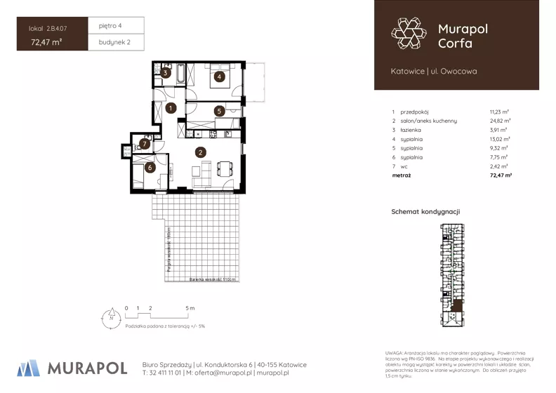 4 pokoje, mieszkanie 72,47 m², piętro 4, oferta nr 2.B.4.07, Murapol Corfa, Katowice, Wełnowiec-Józefowiec, Wełnowiec, ul. Owocowa