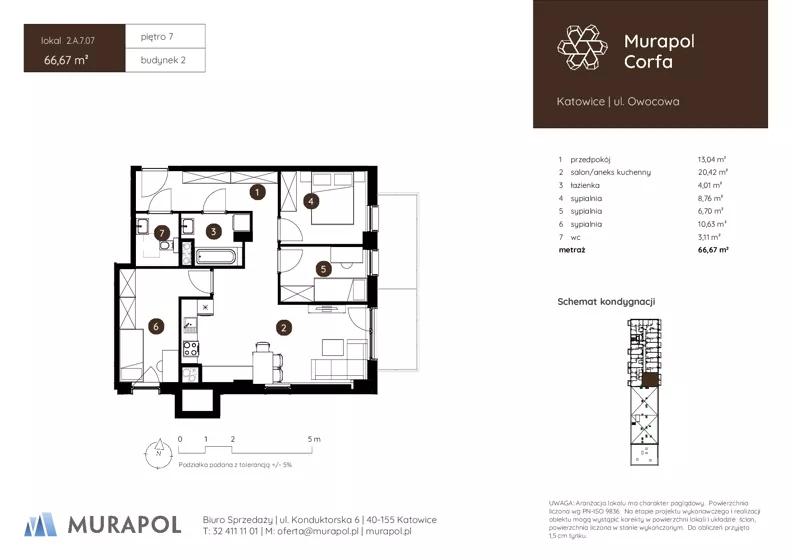4 pokoje, mieszkanie 66,67 m², piętro 7, oferta nr 2.A.7.07, Murapol Corfa, Katowice, Wełnowiec-Józefowiec, Wełnowiec, ul. Owocowa