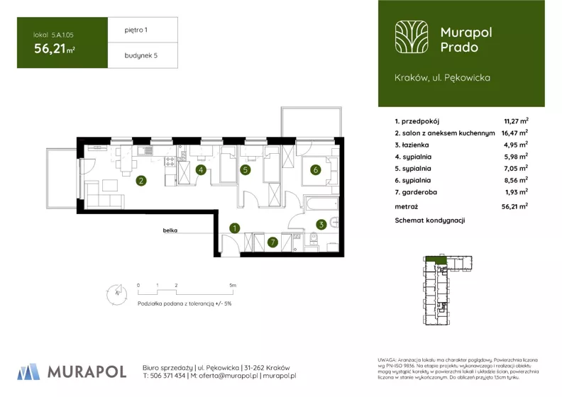 4 pokoje, mieszkanie 56,21 m², piętro 1, oferta nr 5.A.1.05, Murapol Prado - Etap II, Kraków, Prądnik Biały, ul. Piaszczysta