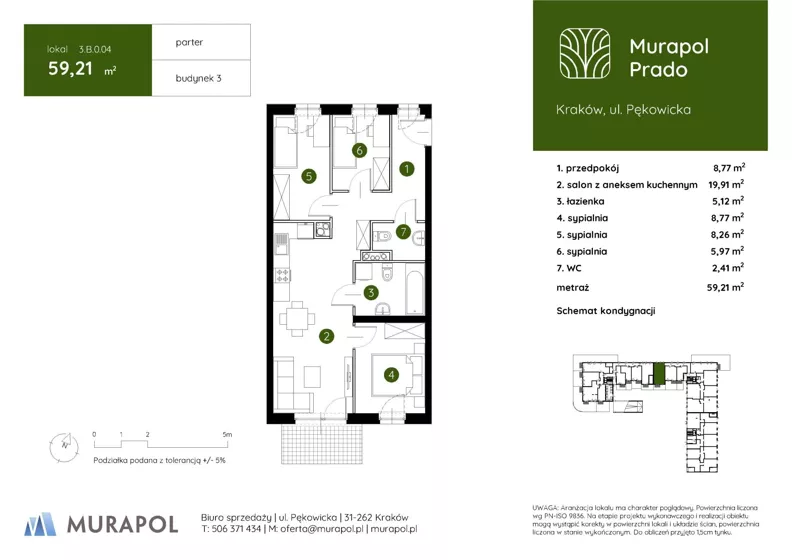 4 pokoje, mieszkanie 59,21 m², parter, oferta nr 3.B.0.04, Murapol Prado - Etap II, Kraków, Prądnik Biały, ul. Piaszczysta