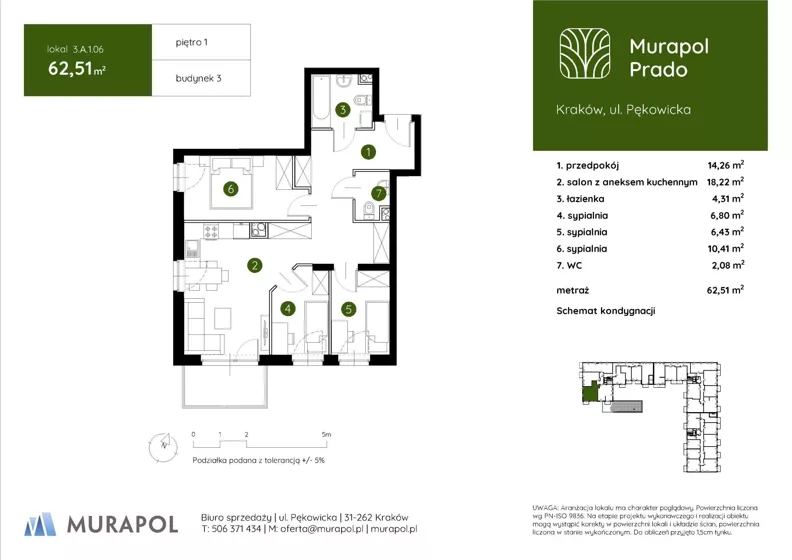 4 pokoje, mieszkanie 62,51 m², piętro 1, oferta nr 3.A.1.06, Murapol Prado - Etap II, Kraków, Prądnik Biały, ul. Piaszczysta