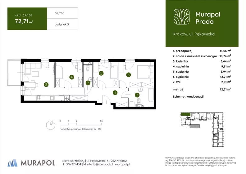 4 pokoje, mieszkanie 72,71 m², piętro 1, oferta nr 3.A.1.08, Murapol Prado - Etap II, Kraków, Prądnik Biały, ul. Piaszczysta