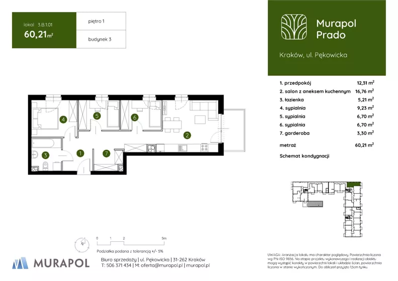 4 pokoje, mieszkanie 60,21 m², piętro 1, oferta nr 3.B.1.01, Murapol Prado - Etap II, Kraków, Prądnik Biały, ul. Piaszczysta