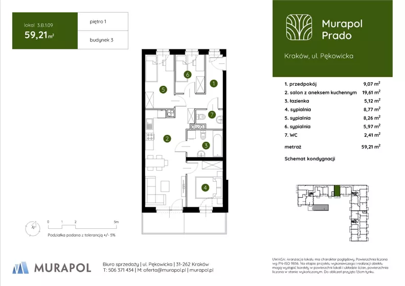 4 pokoje, mieszkanie 59,21 m², piętro 1, oferta nr 3.B.1.09, Murapol Prado - Etap II, Kraków, Prądnik Biały, ul. Piaszczysta