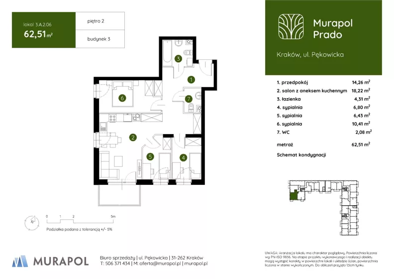4 pokoje, mieszkanie 62,51 m², piętro 2, oferta nr 3.A.2.06, Murapol Prado - Etap II, Kraków, Prądnik Biały, ul. Piaszczysta