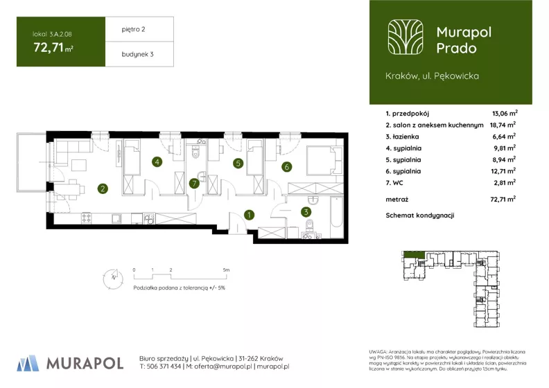 4 pokoje, mieszkanie 72,71 m², piętro 2, oferta nr 3.A.2.08, Murapol Prado - Etap II, Kraków, Prądnik Biały, ul. Piaszczysta