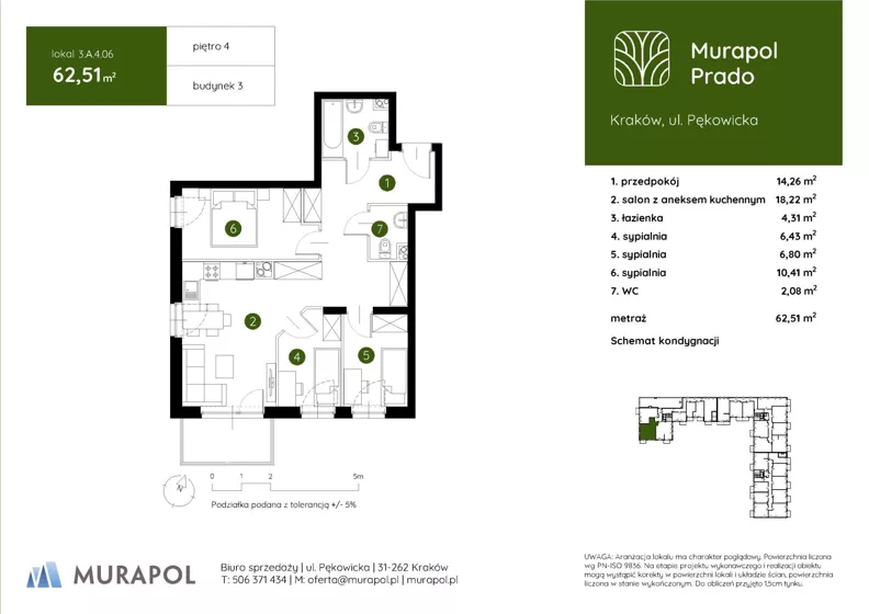 4 pokoje, mieszkanie 62,51 m², piętro 4, oferta nr 3.A.4.06, Murapol Prado - Etap II, Kraków, Prądnik Biały, ul. Piaszczysta