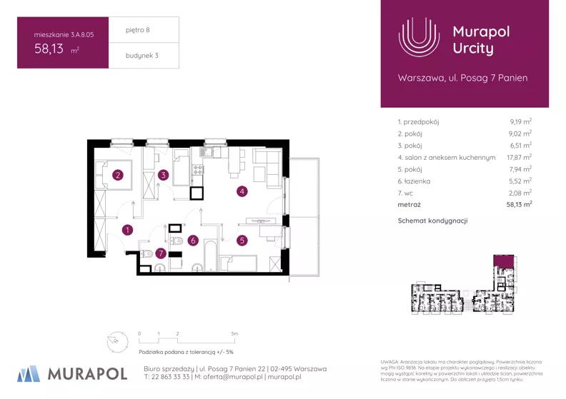 4 pokoje, mieszkanie 58,13 m², piętro 8, oferta nr 3.A.8.05, Murapol Urcity, Warszawa, Ursus, Szamoty, ul. Posag 7 Panien
