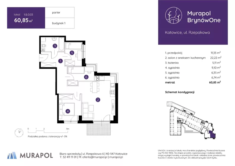 4 pokoje, mieszkanie 60,85 m², parter, oferta nr 1.B.0.03, Murapol BrynówOne, Katowice, Brynów-Osiedle Zgrzebnioka, Brynów, ul. Rzepakowa