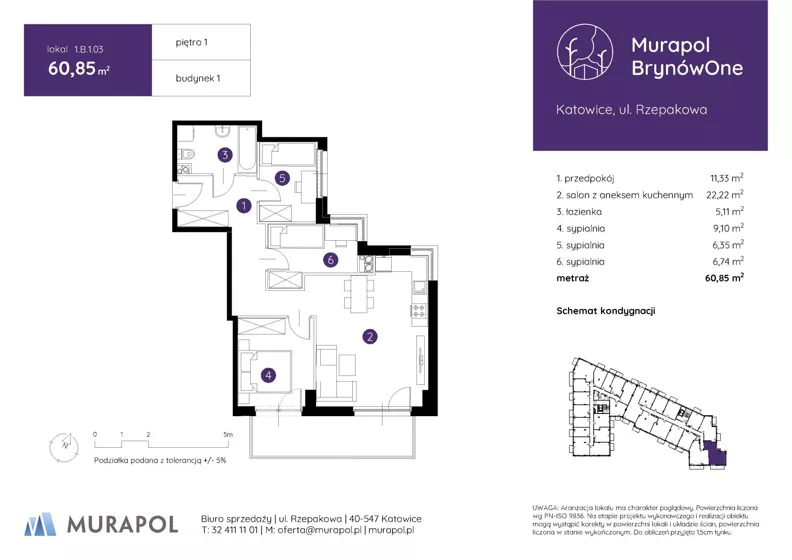 4 pokoje, mieszkanie 60,85 m², piętro 1, oferta nr 1.B.1.03, Murapol BrynówOne, Katowice, Brynów-Osiedle Zgrzebnioka, Brynów, ul. Rzepakowa