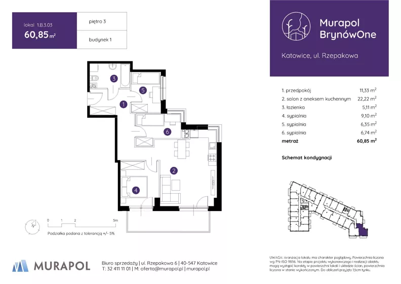 4 pokoje, mieszkanie 60,85 m², piętro 3, oferta nr 1.B.3.03, Murapol BrynówOne, Katowice, Brynów-Osiedle Zgrzebnioka, Brynów, ul. Rzepakowa