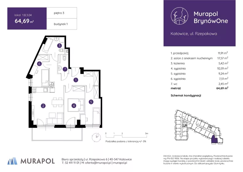 4 pokoje, mieszkanie 64,69 m², piętro 3, oferta nr 1.B.3.04, Murapol BrynówOne, Katowice, Brynów-Osiedle Zgrzebnioka, Brynów, ul. Rzepakowa