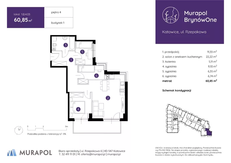 4 pokoje, mieszkanie 60,85 m², piętro 4, oferta nr 1.B.4.03, Murapol BrynówOne, Katowice, Brynów-Osiedle Zgrzebnioka, Brynów, ul. Rzepakowa