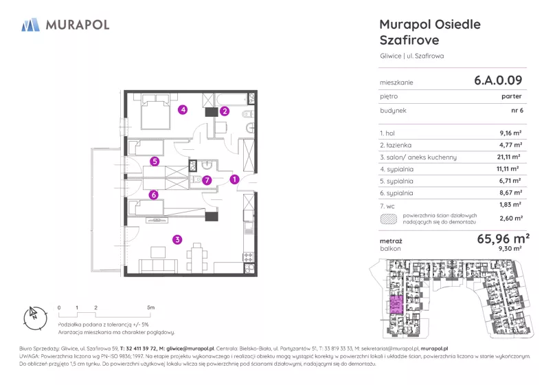 4 pokoje, mieszkanie 65,96 m², parter, oferta nr 6.A.0.09, Murapol Osiedle Szafirove, Gliwice, Stare Gliwice, ul. Szafirowa