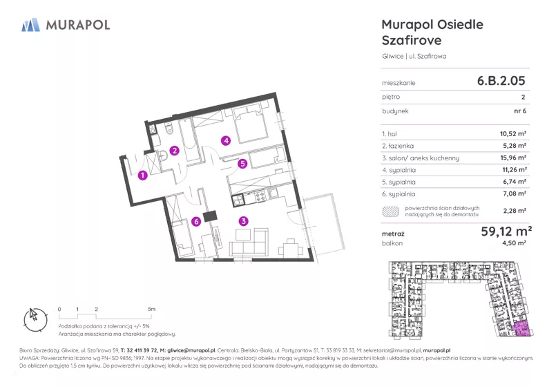 4 pokoje, mieszkanie 59,12 m², piętro 2, oferta nr 6.B.2.05, Murapol Osiedle Szafirove, Gliwice, Stare Gliwice, ul. Szafirowa