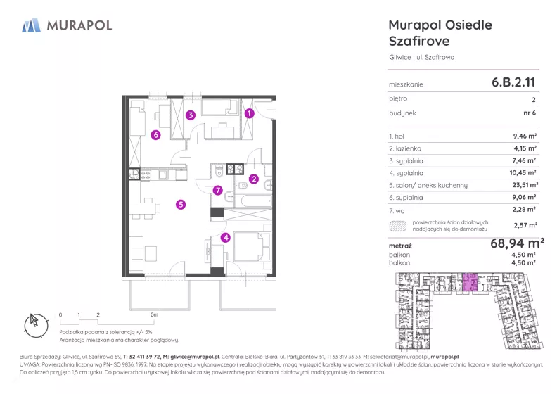 4 pokoje, mieszkanie 68,94 m², piętro 2, oferta nr 6.B.2.11, Murapol Osiedle Szafirove, Gliwice, Stare Gliwice, ul. Szafirowa