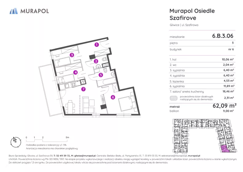 4 pokoje, mieszkanie 62,09 m², piętro 3, oferta nr 6.B.3.06, Murapol Osiedle Szafirove, Gliwice, Stare Gliwice, ul. Szafirowa