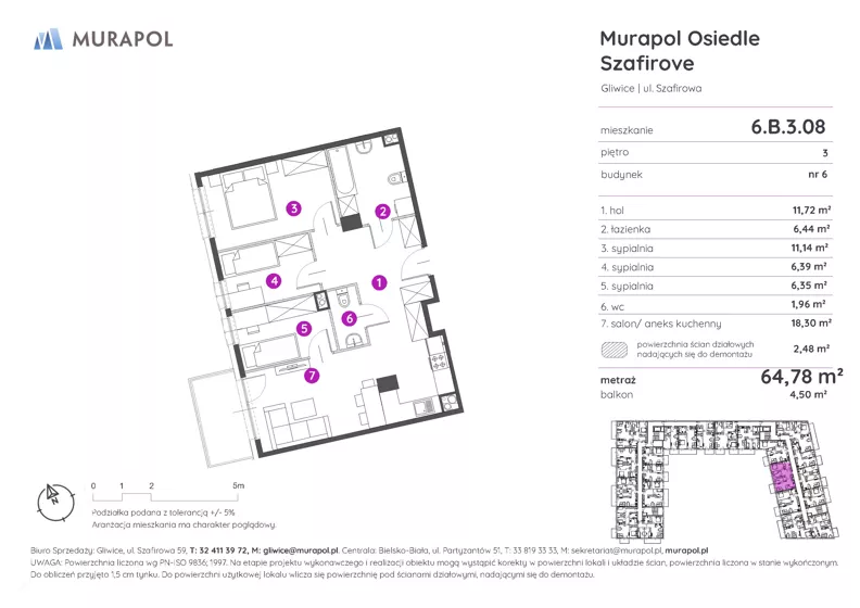 4 pokoje, mieszkanie 64,78 m², piętro 3, oferta nr 6.B.3.08, Murapol Osiedle Szafirove, Gliwice, Stare Gliwice, ul. Szafirowa