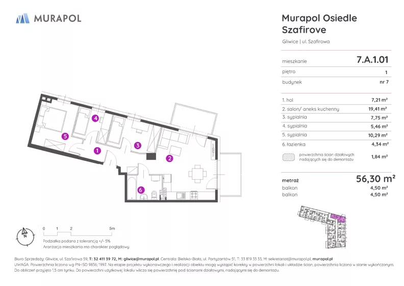 4 pokoje, mieszkanie 56,30 m², piętro 1, oferta nr 7.A.1.01, Murapol Osiedle Szafirove, Gliwice, Stare Gliwice, ul. Szafirowa