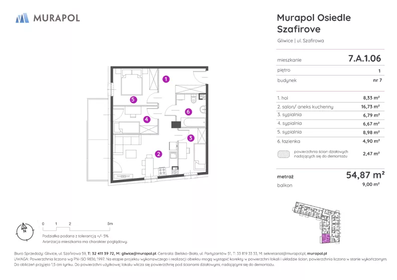 4 pokoje, mieszkanie 54,87 m², piętro 1, oferta nr 7.A.1.06, Murapol Osiedle Szafirove, Gliwice, Stare Gliwice, ul. Szafirowa