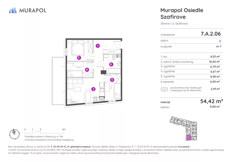 4 pokoje, mieszkanie 54,42 m², piętro 2, oferta nr 7.A.2.06, Murapol Osiedle Szafirove, Gliwice, Stare Gliwice, ul. Szafirowa