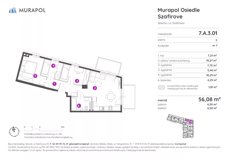 4 pokoje, mieszkanie 56,08 m², piętro 3, oferta nr 7.A.3.01, Murapol Osiedle Szafirove, Gliwice, Stare Gliwice, ul. Szafirowa