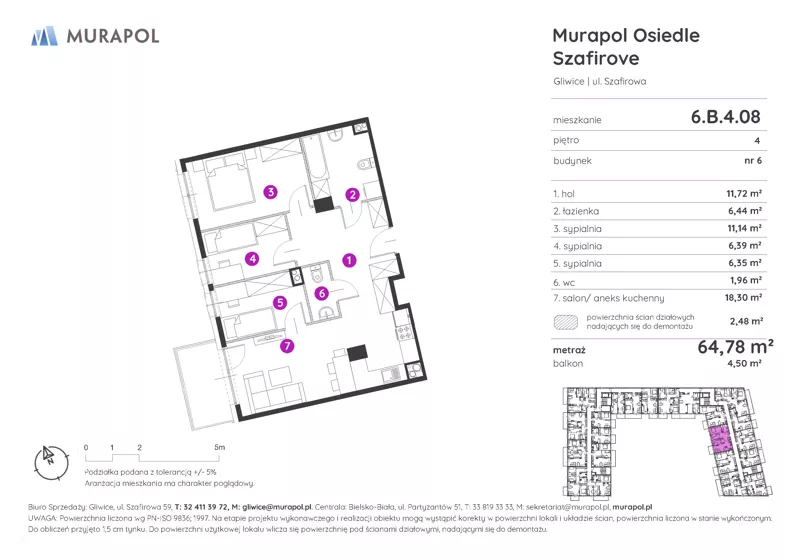 4 pokoje, mieszkanie 64,78 m², piętro 4, oferta nr 6.B.4.08, Murapol Osiedle Szafirove, Gliwice, Stare Gliwice, ul. Szafirowa