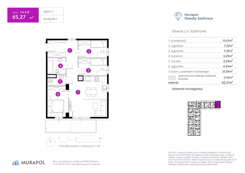 4 pokoje, mieszkanie 65,27 m², piętro 1, oferta nr 1.A.1.13, Murapol Osiedle Szafirove, Gliwice, Stare Gliwice, ul. Szafirowa