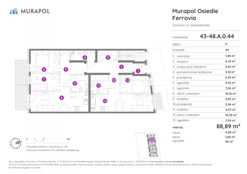 5 pokoi, mieszkanie 88,89 m², parter, oferta nr 43-48.A.0.44, Murapol Osiedle Ferrovia, Wrocław, Jagodno, Krzyki, ul. Konduktorska