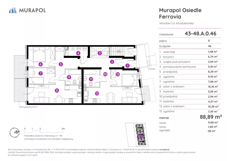 5 pokoi, mieszkanie 88,89 m², parter, oferta nr 43-48.A.0.46, Murapol Osiedle Ferrovia, Wrocław, Jagodno, Krzyki, ul. Konduktorska