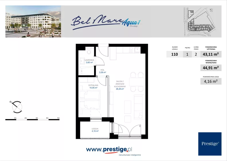 2 pokoje, mieszkanie 43,11 m², piętro 1, oferta nr AQUA-1-110 rynek wtórny, Bel Mare, Międzyzdroje, ul. Nowomyśliwska