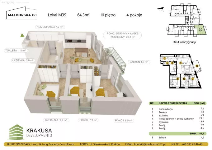 4 pokoje, mieszkanie 64,30 m², piętro 3, oferta nr , 8381, Kraków, Podgórze Duchackie, Malborska