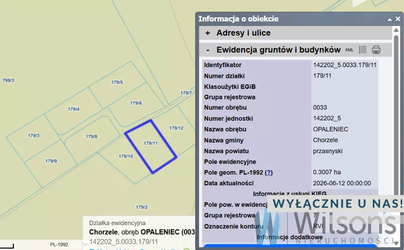 Działka 3 007,00 m², oferta nr , WIL750386, Opaleniec