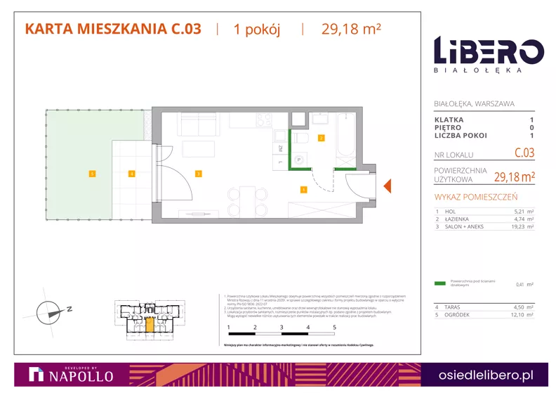 1 pokój, mieszkanie 29,18 m², parter, oferta nr C.03, Osiedle Libero, Warszawa, Białołęka, Grodzisk, ul. Głębocka