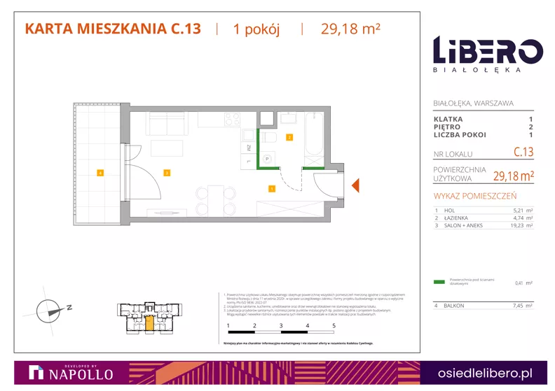 1 pokój, mieszkanie 29,18 m², piętro 2, oferta nr C.13, Osiedle Libero, Warszawa, Białołęka, Grodzisk, ul. Głębocka