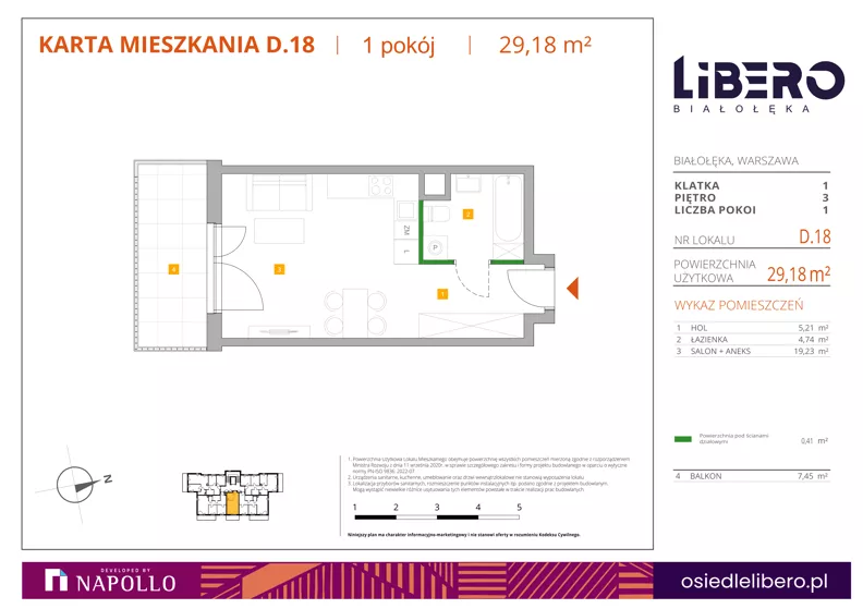 1 pokój, mieszkanie 29,18 m², piętro 3, oferta nr D.18, Osiedle Libero, Warszawa, Białołęka, Grodzisk, ul. Głębocka