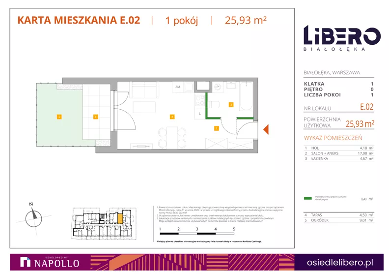 1 pokój, mieszkanie 25,93 m², parter, oferta nr E.02, Osiedle Libero, Warszawa, Białołęka, Grodzisk, ul. Głębocka