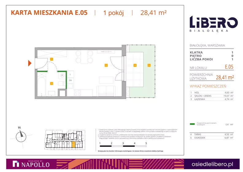 1 pokój, mieszkanie 28,41 m², parter, oferta nr E.05, Osiedle Libero, Warszawa, Białołęka, Grodzisk, ul. Głębocka