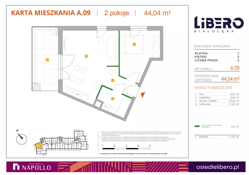 2 pokoje, mieszkanie 44,04 m², piętro 2, oferta nr A.09, Osiedle Libero, Warszawa, Białołęka, Grodzisk, ul. Głębocka