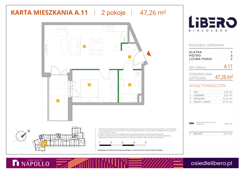 2 pokoje, mieszkanie 47,26 m², piętro 3, oferta nr A.11, Osiedle Libero, Warszawa, Białołęka, Grodzisk, ul. Głębocka