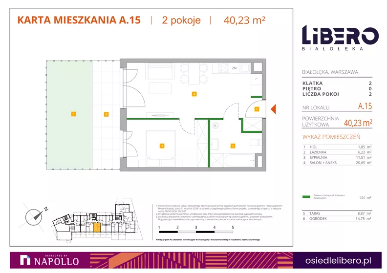 2 pokoje, mieszkanie 40,23 m², parter, oferta nr A.15, Osiedle Libero, Warszawa, Białołęka, Grodzisk, ul. Głębocka