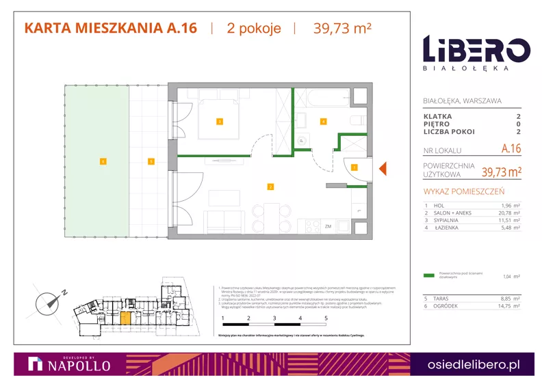 2 pokoje, mieszkanie 39,73 m², parter, oferta nr A.16, Osiedle Libero, Warszawa, Białołęka, Grodzisk, ul. Głębocka