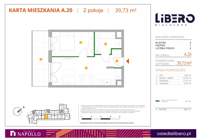 2 pokoje, mieszkanie 39,73 m², piętro 1, oferta nr A.20, Osiedle Libero, Warszawa, Białołęka, Grodzisk, ul. Głębocka