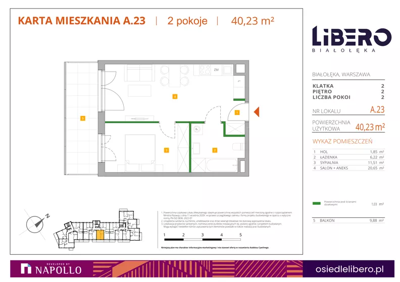 2 pokoje, mieszkanie 40,23 m², piętro 2, oferta nr A.23, Osiedle Libero, Warszawa, Białołęka, Grodzisk, ul. Głębocka